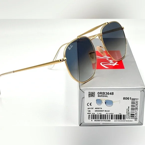 Ray-Ban Sunglasses Marshal II RB3648 Aviator Gold Hexagon Frame Light Blue 360 - Picture 5 of 15